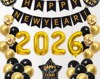 2026 New Year Balloons Set | Happy New Year Decorations | Black & Gold NYE Party Decor | 2026 Balloon Banner | NYE Photo Backdrop Kit