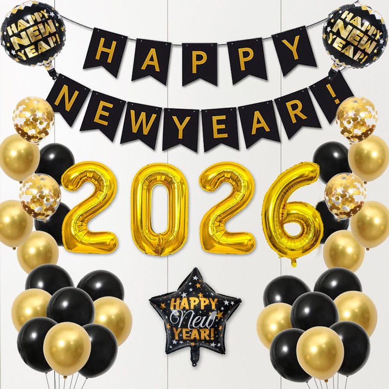 2026 New Year Balloons Set | Happy New Year Decorations | Black & Gold ...