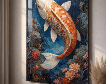 Glazen muurkunst koivissen, muurdecoratie in Japanse stijl, kunst aan de muur gehard glas, feng shui koi-kunstwerk, modern interieur