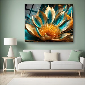 Gold and Turquoise Flower Glass Wall Art - Luxury 3D Metallic Artwork - Modern Decorative Floral Print - Elegant Home and Office Decor&quot;