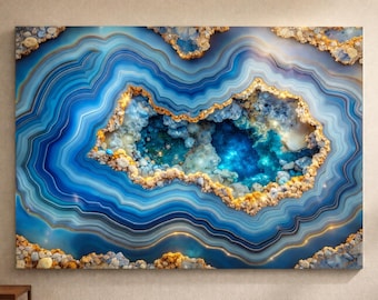 Blue Ocean Geode Wandkunst, Abstrakte Küsten Glaswandkunst, Luxus Achat Marmor Wandkunst, Moderne Strandhaus Wanddekoration