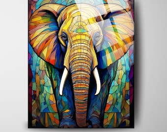 Arte mural de elefante con vitrales coloridos: decoración bohemia de animales para sala de estar, un regalo único para amantes del arte.