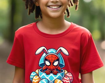 Camiseta de Pascua para niños pequeños con diseño de conejito superhéroe y camiseta de Spiderman para niños con búsqueda de huevos