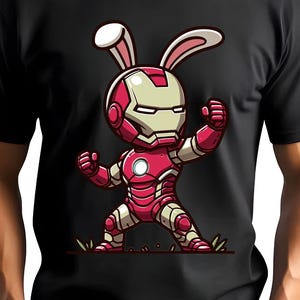 May include: A red and gold cartoon Iron Man character with bunny ears, standing in a fighting pose. The character is wearing a red and gold suit with a white chest plate and a blue light in the helmet.