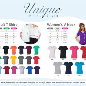 The image is a promotional graphic for a clothing brand, displaying a variety of t-shirt designs and sizes available in different colors.