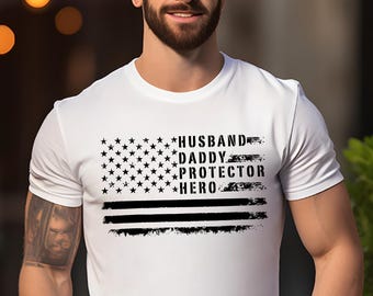 Camiseta de héroe protector para marido y papá – Camiseta de papá con la bandera estadounidense desgastada