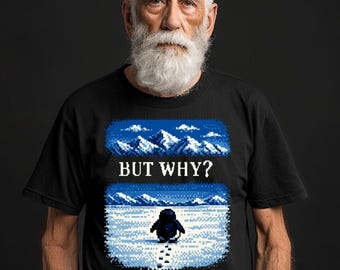 Pero ¿por qué? Camiseta de pingüino con diseño de pixel art y escena de montaña, divertida camiseta retro con gráficos de naturaleza.