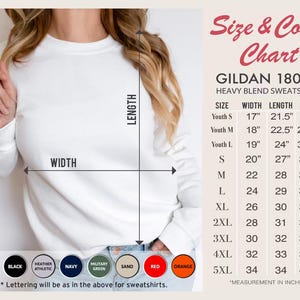 May include: A white Gildan 18000 heavy blend sweatshirt. The image includes a size and colour chart with measurements in inches for various sizes, from Youth S to 5XL. Available colours include white, black, navy, and red.