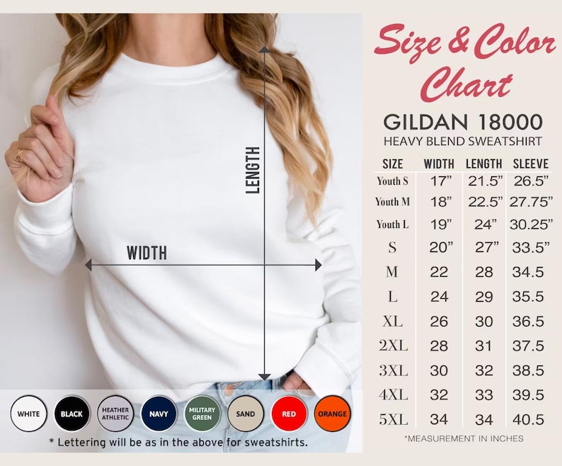 May include: A white Gildan 18000 heavy blend sweatshirt. The image includes a size and colour chart with measurements in inches for various sizes, from Youth S to 5XL. Available colours include white, black, navy, and red.