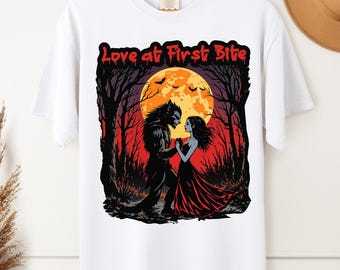 Halloween Gothic Romance Tee – Werewolf Vampire Couple Shirt