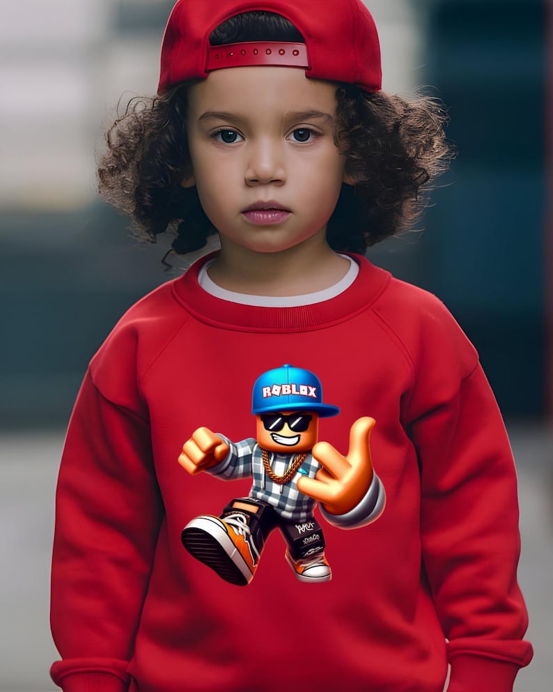 以下が含まれることがあります： サングラスと青い帽子をかぶったRobloxのキャラクターのグラフィックが特徴の赤いスウェットシャツ。キャラクターは手のジェスチャーをしています。子供は赤い野球帽をかぶっています。