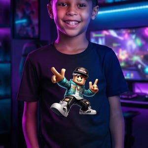 Kids wearing a Roblox gamer t-shirt with a cool cartoon character design, gaming room background