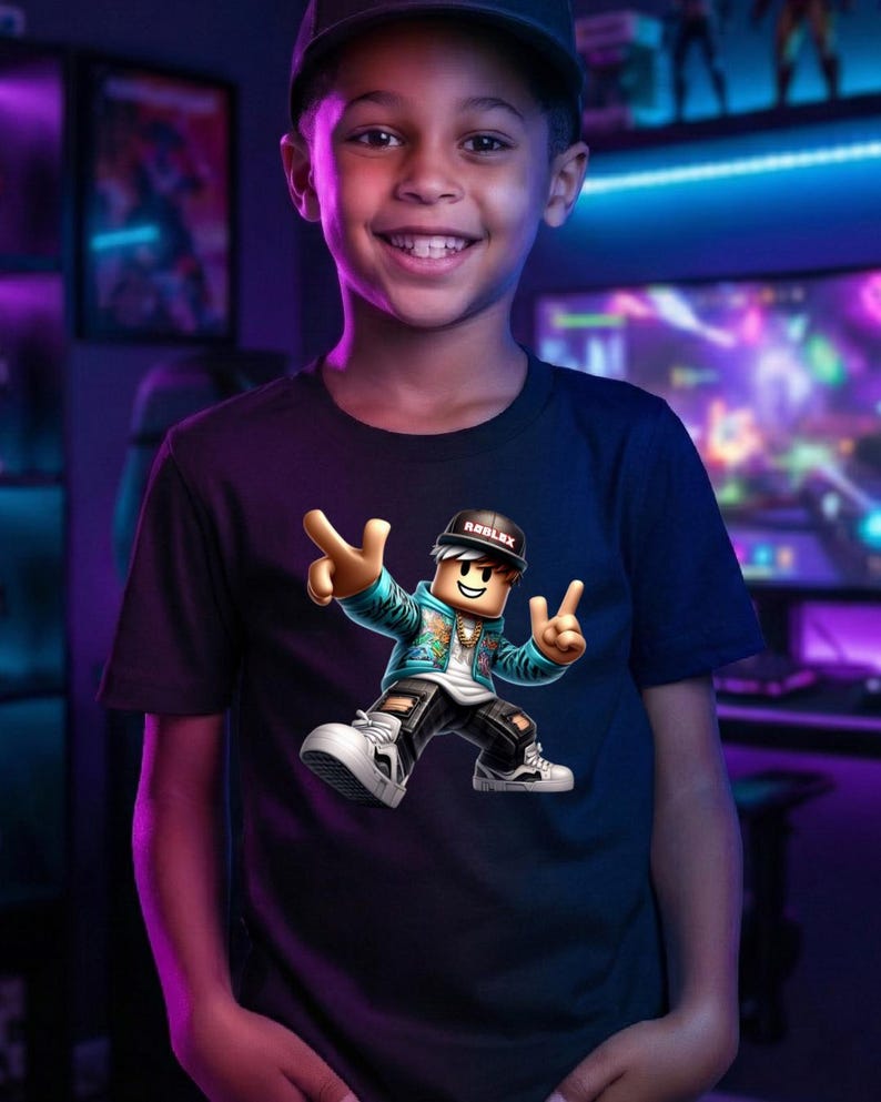 Kids wearing a Roblox gamer t-shirt with a cool cartoon character design, gaming room background