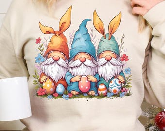 Sudadera con gnomos de Pascua, cuello redondo con orejas de conejo y top de jardín de primavera