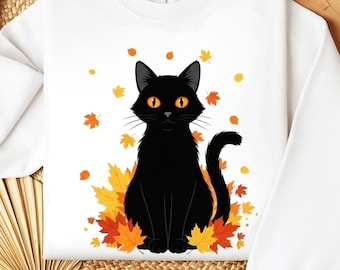 Black Cat Sweatshirt, Cozy Halloween Fall Sweater