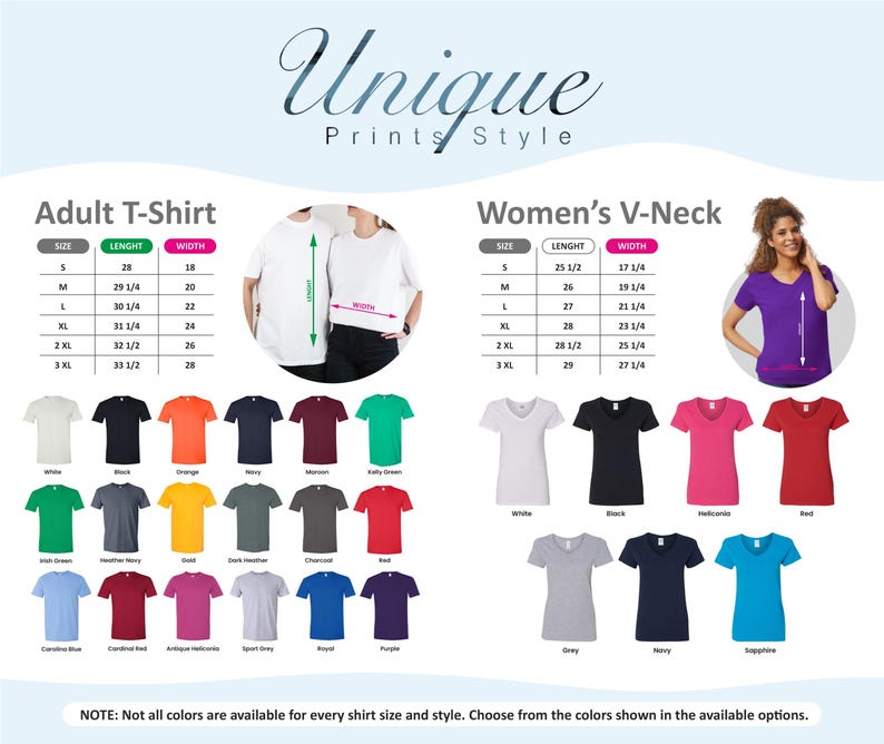 The image is a promotional graphic for a clothing brand, displaying a variety of t-shirt designs and sizes available in different colors.