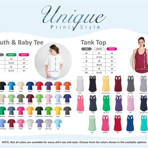 The image is a promotional graphic for a clothing brand, displaying various sizes and styles of t-shirts and tank tops. It includes a list of different shirt colors and sizes, along with images of the shirts in different styles. The text indicates that not all colors are available for every shirt size and style, and that the viewer should choose from the available colors shown in the image.