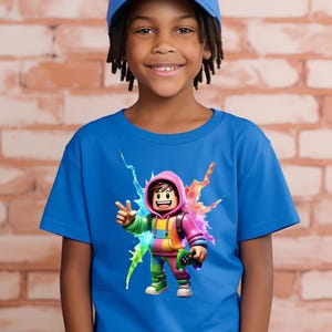 Colorful Roblox-inspired gamer t-shirt worn by child, video game character design on blue shirt