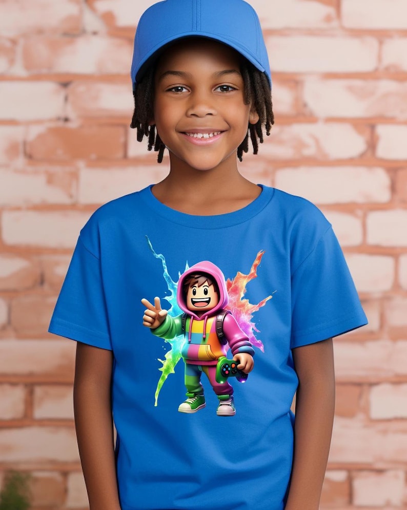 Colorful Roblox-inspired gamer t-shirt worn by child, video game character design on blue shirt