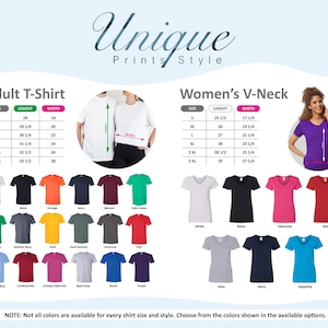 The image is a promotional graphic for a clothing brand, displaying a variety of t-shirt designs and sizes available in different colors.
