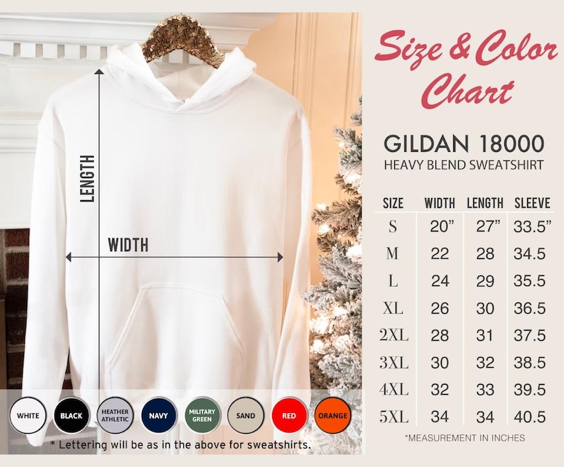 May include: A white hooded sweatshirt, displayed on a wooden hanger. The image includes a size and colour chart with measurements in inches. The sweatshirt is a Gildan 18000 heavy blend. Colour options include white, black, and red.