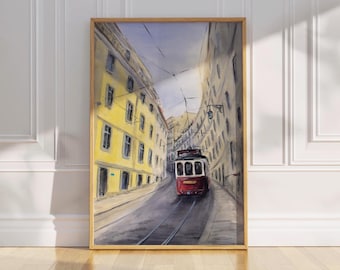 Lissabon Tram Aquarell Digitaldruck, druckbare Stadtlandschaft, gelbe Tram Wandkunst, Portugal Reise-Dekor, Lissabon Straßenmalerei