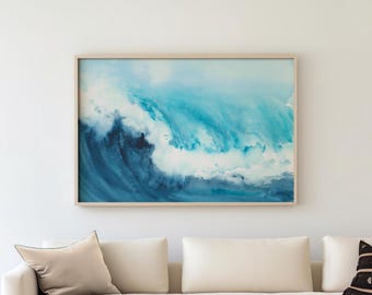 Abstract Watercolor Wave Digital Print, Coastal Ocean Wall Art, Blue Minimalist Wave, Abstract Sea Wave, Instant Download, Modern Art