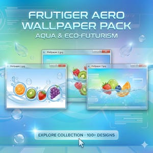 Könnte beinhalten: Digitales Kunstwerk, das ein Wallpaper-Pack mit einem Blau- und Aqua-Thema zeigt. Der Text lautet "FRUTIGER AERO WALLPAPER PACK AQUA & ECO-FUTURISM". Drei Fenster zeigen Designs mit Früchten wie Orangen, Kiwis, Erdbeeren, Trauben, Himbeeren, Blaubeeren und Limetten.