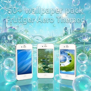 Może przedstawiać: Trzy białe smartfony z różnymi tapetami o tematyce przyrodniczej są wyświetlane na niebieskim, bąbelkowym tle. U góry znajduje się tekst "50+ wallpaper pack Frutiger Aero Themed". Widoczne są również bąbelki i futurystyczne struktury.