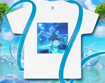 May include: White t-shirt featuring a square graphic with a person in a blue-toned, surreal landscape. The graphic includes clouds, wind turbines, and a person with their hands near their ears. The shirt has a crew neck and short sleeves.