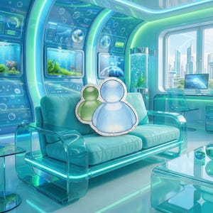 Op de afbeelding: Een futuristisch interieur met een turquoise bank en transparante meubels. Een kussen in de vorm van twee figuren in blauw en groen ligt op de bank. De kamer heeft gloeiende blauwe accenten, schermen en uitzicht op een stadsgezicht.