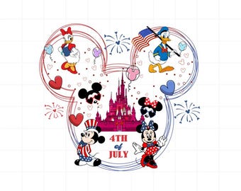 4th of July Disney PNG, Mickey Minnie Donald Daisy Clipart, Patriotic Mouse Ears Castle Sublimation Design USA