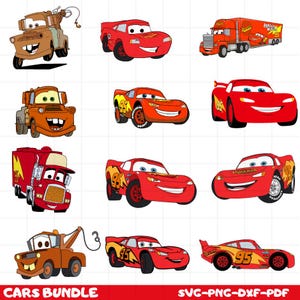 Lightning McQueen SVG, Cars Movie PNG Bundle, Mater and Mack Clipart, Racing Cars Digital File, Kids Birthday Car Design, Cars Bundle