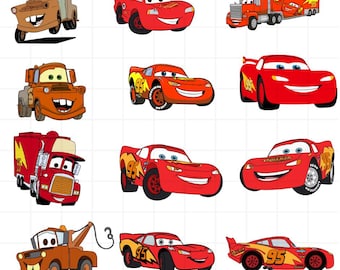 Può includere: Un set di dieci immagini clipart digitali con auto di cartoni animati dal film Cars della Disney Pixar. Le immagini includono Saetta McQueen, Cricchetto e altri personaggi. Le immagini sono in formato SVG, PNG, DXF e PDF.