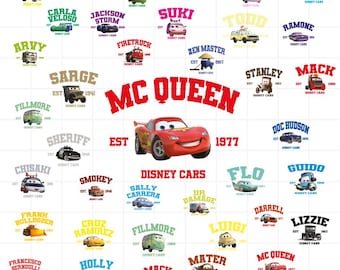 May include: A colorful chart featuring the characters from the Disney Cars movie. Each character has their name, a logo, and an established year. The main character, Lightning McQueen, is in the center of the chart.