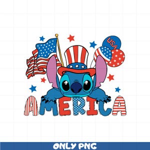 May include: Blue cartoon character wearing a red, white, and blue Uncle Sam hat with stars. The character is peeking over the word "AMERICA" which is made up of red, white, and blue stripes. There are red, white, and blue stars and balloons in the background.