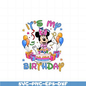 Może przedstawiać: Kolorowa kartka urodzinowa z kresk&oacute;wkowym wizerunkiem Minnie Mouse w r&oacute;żowej sukience w czerwone kropki. Stoi na torcie ze świeczkami i jest otoczona balonami i prezentami. Tekst "It's My Birthday" jest napisany kolorowym fontem.
