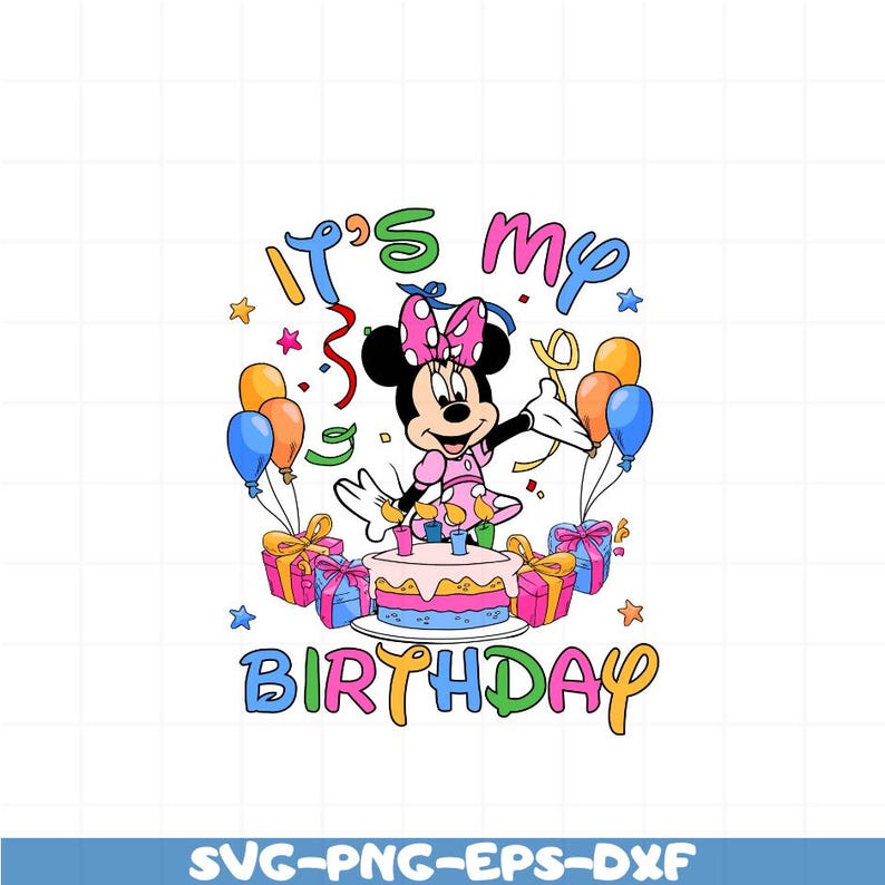 Może przedstawiać: Kolorowa kartka urodzinowa z kresk&oacute;wkowym wizerunkiem Minnie Mouse w r&oacute;żowej sukience w czerwone kropki. Stoi na torcie ze świeczkami i jest otoczona balonami i prezentami. Tekst "It's My Birthday" jest napisany kolorowym fontem.