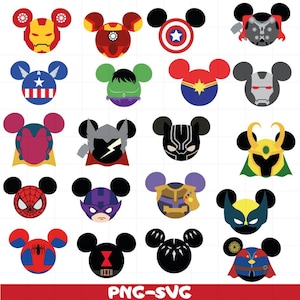 Pode incluir: Uma coleção de designs coloridos de personagens de desenhos animados, cada um com uma cabeça no estilo Mickey Mouse com temas de super-heróis. Os designs incluem Homem de Ferro, Capitão América, Hulk, Capitã Marvel e outros. A parte inferior da imagem tem o texto "PNG-SVG".