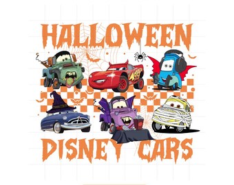 Puede incluir: Un gráfico con temática de Halloween con personajes de Disney Cars disfrazados. La imagen incluye un camión monstruo verde, un coche de carreras rojo, un coche azul con auriculares, un coche azul con un sombrero de bruja, un camión vampiro morado y un coche momia amarillo. Se muestra el texto "HALLOWEEN DISNEY CARS".