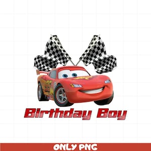 Op de afbeelding: Rode raceauto met een geblokte vlag aan elke kant. De auto heeft een glimlachend gezicht en de tekst "Birthday Boy" staat onder de auto.