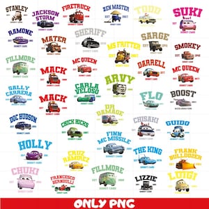 Puede incluir: Una colección de gráficos de personajes de Disney Cars, cada uno con un nombre, año y las palabras "Disney Cars". Los personajes incluyen a Stanley, Jackson Storm, Firetruck, Zen Master, Todd, Suki, Ramone, Mater, Sheriff, Ms. Fritter, Sarge, Smokey, Fillmore, Mack, Mc Queen, Arvy, Sally Carrera, Carla Veloso, Dr. Damage, Flo, Boost, Doc Hudson, Chick Hicks, Finn Mc Missile, Chisaki, Guido, Holly, Cruz Ramirez, The King, Frank Bulldozer, Chuki, Francesco Bernoulli, Lizzie y Luigi.