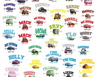 May include: A collection of Disney Cars character graphics, each with a name, year, and the words "Disney Cars." The characters include Stanley, Jackson Storm, Firetruck, Zen Master, Todd, Suki, Ramone, Mater, Sheriff, Ms. Fritter, Sarge, Smokey, Fillmore, Mack, Mc Queen, Arvy, Sally Carrera, Carla Veloso, Dr. Damage, Flo, Boost, Doc Hudson, Chick Hicks, Finn Mc Missile, Chisaki, Guido, Holly, Cruz Ramirez, The King, Frank Bulldozer, Chuki, Francesco Bernoulli, Lizzie, and Luigi.