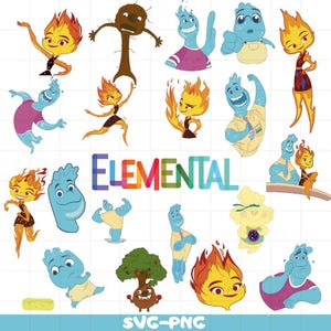May include: A collection of colorful cartoon characters from the movie "Elemental". The characters are in various poses and include fire, water, earth, and air elements. The word "ELEMENTAL" is displayed in large, colorful letters.