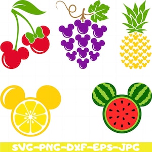 May include: Five different fruit designs featuring Mickey Mouse ears. The fruits are a red cherry, a purple bunch of grapes, a yellow pineapple, a yellow lemon, and a red watermelon.