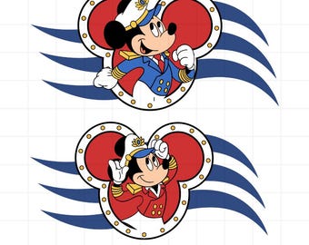 May include: Two images of Mickey Mouse dressed as a captain, wearing a blue and white uniform with a red jacket and a captain's hat. Mickey is standing in a red and white Mickey Mouse head shape with a blue and white wave design behind him.