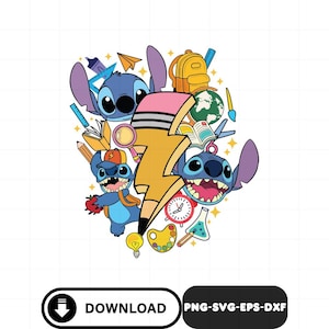 May include: A colorful graphic featuring the character Stitch surrounded by school supplies. A large yellow pencil shaped like a lightning bolt is in the center. Other elements include a backpack, globe, books, and a clock. The word "DOWNLOAD" is in a black circle.