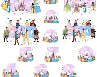 Princess Birthday Squad Png Bundle, Disney Princess Numbers Clipart, Girl Mom Dad Sis Bro Birthday Digital Sublimation Only Png