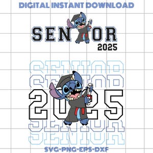 Stitch Graduation 2025 PNG, Senior Class Shirt Design, Cute Cartoon Cap en Diploma sublimatiebestand, digitale download SVG EPS DXF