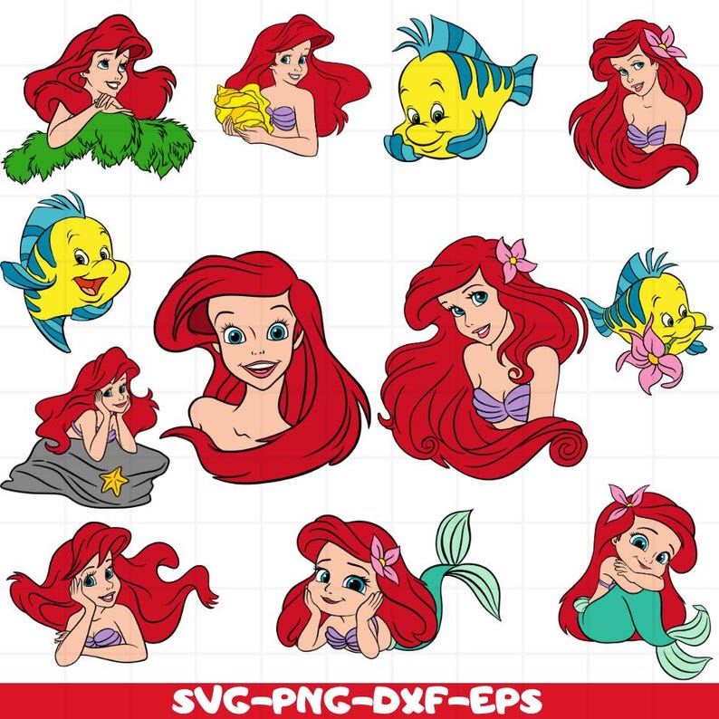 May include: A collection of cartoon illustrations featuring a mermaid with red hair and a yellow and blue fish. The mermaid is depicted in various poses, wearing a purple seashell bra. The fish has blue stripes. The bottom of the image has the text "SVG-PNG-DXF-EPS".
